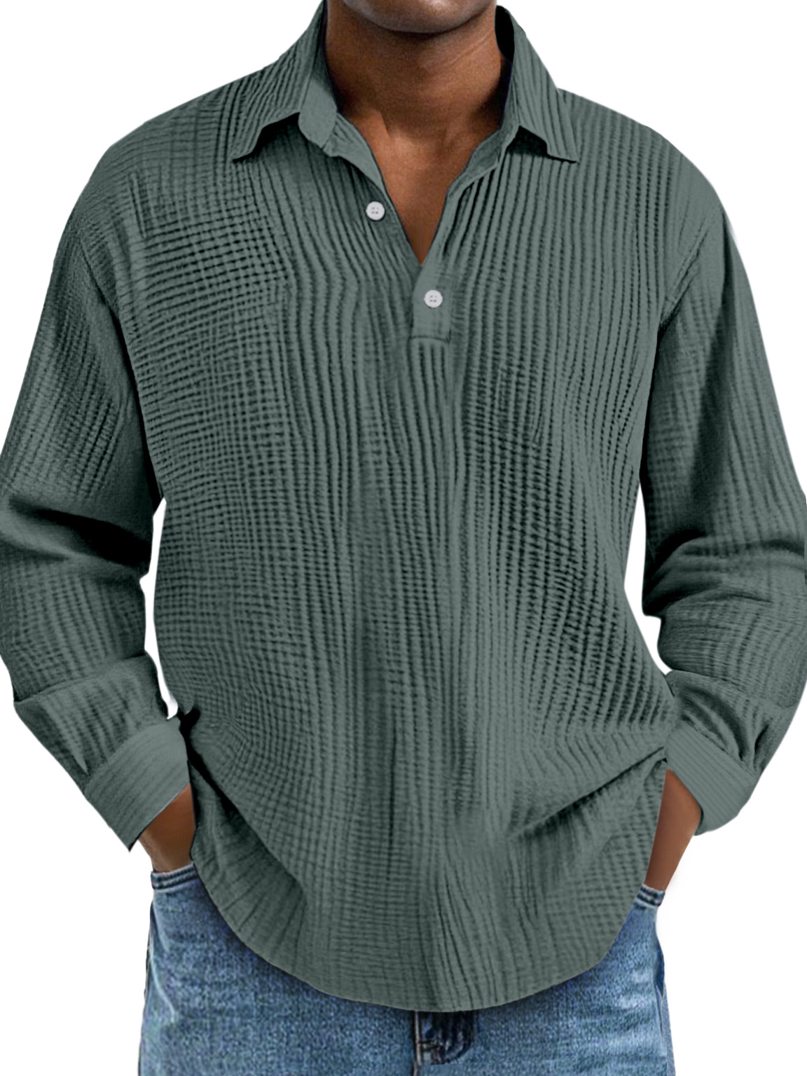 Men's Casual Daily Solid Color Pleated Texture Long-sleeved Lapel Polo