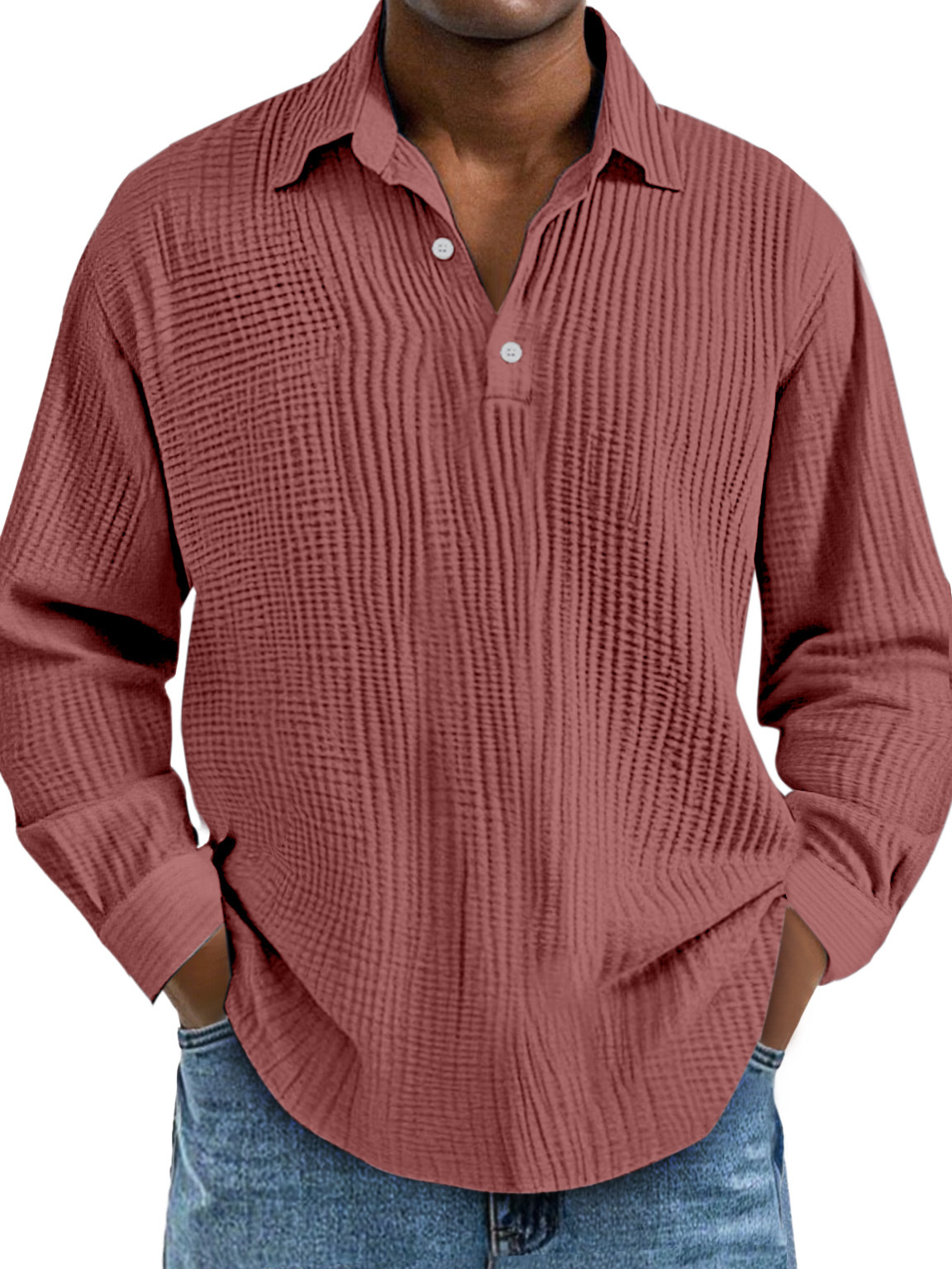 Men's Casual Daily Solid Color Pleated Texture Long-sleeved Lapel Polo Shirt