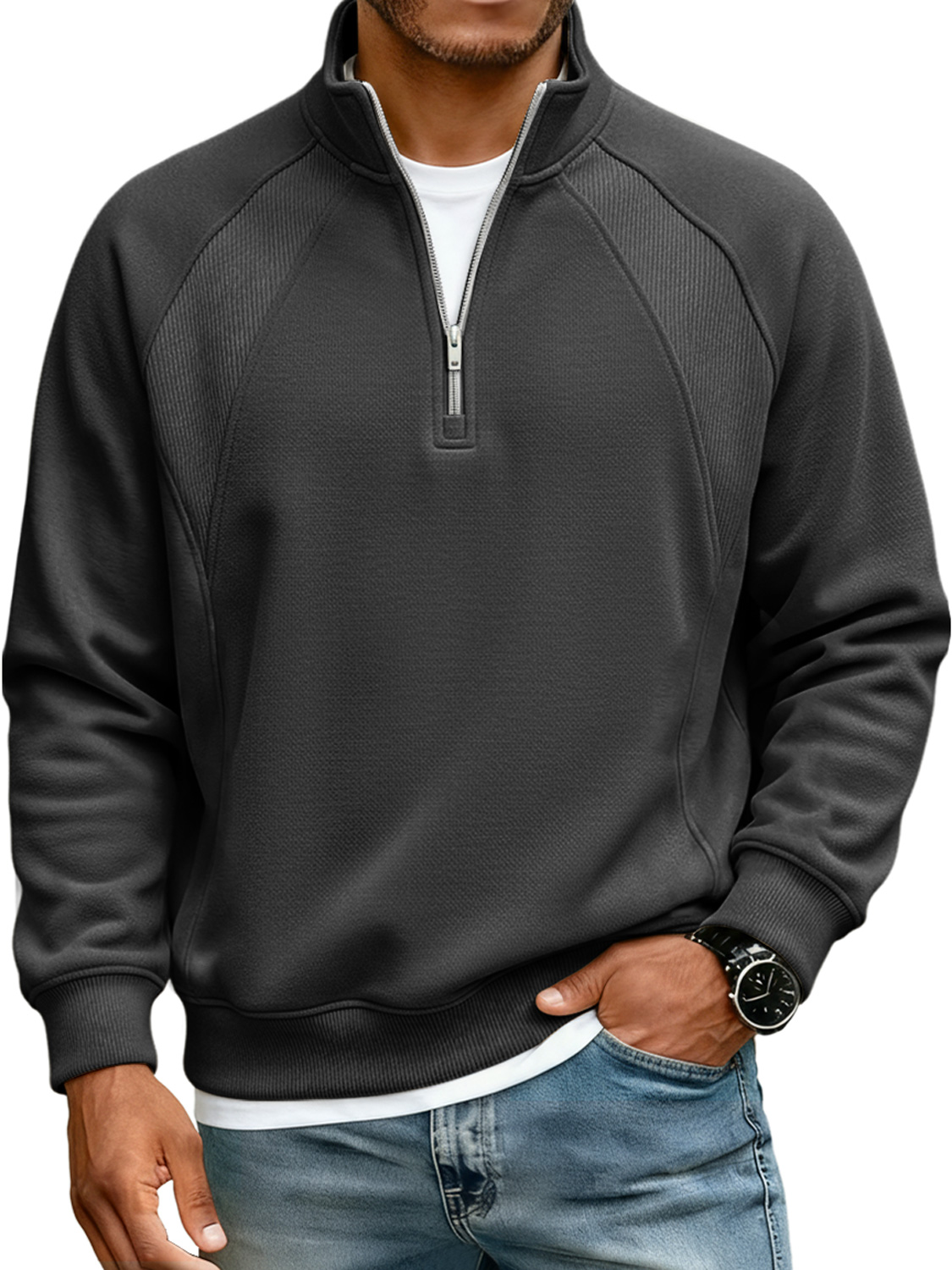 Men's Simple Raglan Stitching Stand Collar Zipper Casual Loose Sweatsh