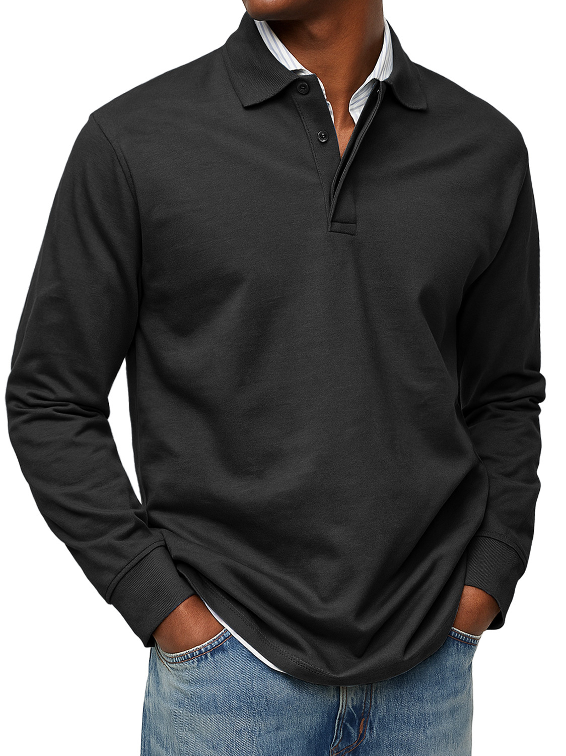 Men's Daily Double-layer Lapel Button-down Solid Color Long-sleeved Polo Shirt