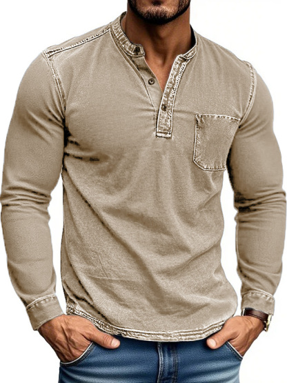 Men's Stylish Retro Outdoor Distressed Pocket Stand Collar Long-sleeved Henley Shirt 