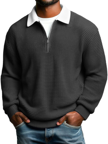 Men's Casual Loose-Fit Waffle-Knit Collared Zip-Up Long-Sleeve Polo Shirt