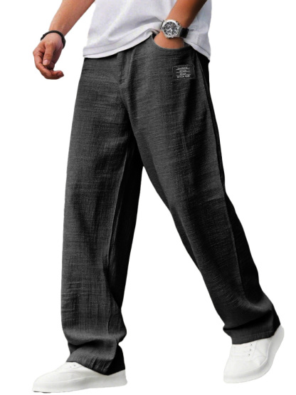 Men's Casual Hemp Trousers with Embroidered Logo, Drawstring Waist, and Pockets