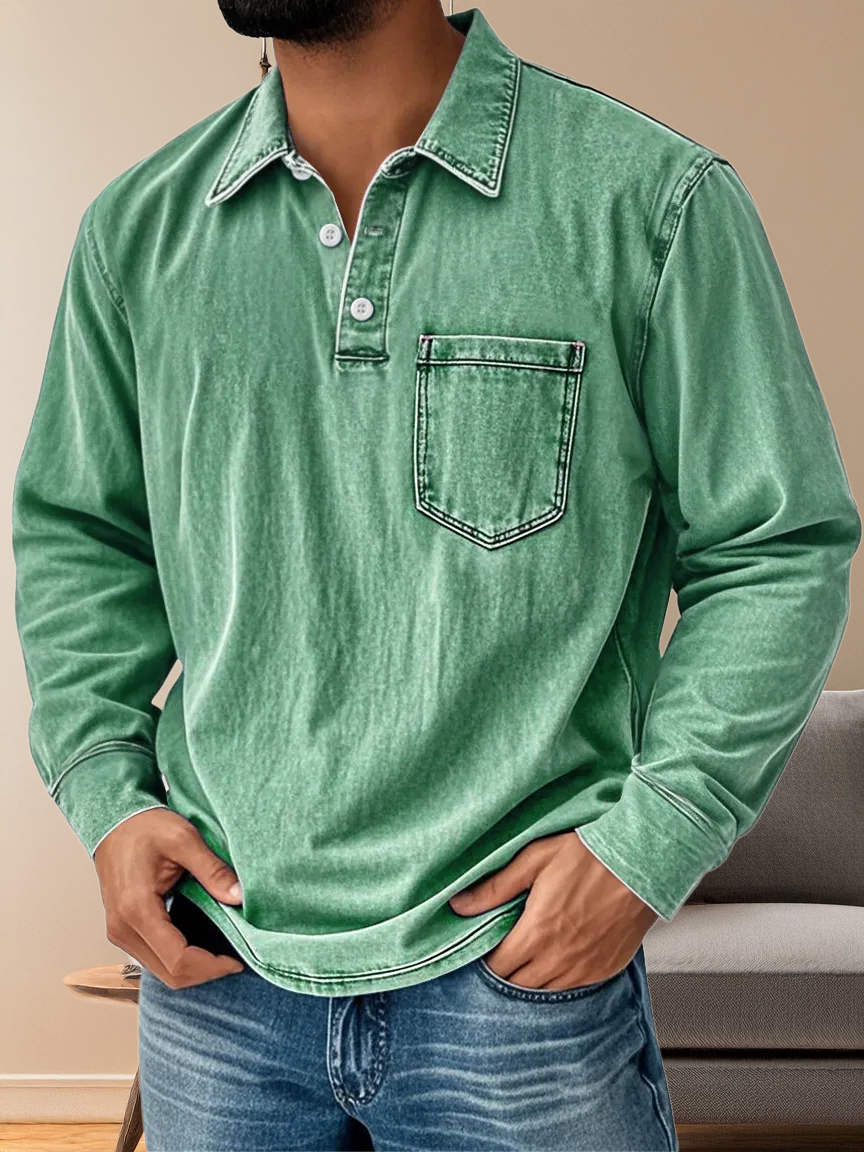 Men's Vintage Distressed Long Sleeve Polo Shirt with Lapel and Pocket