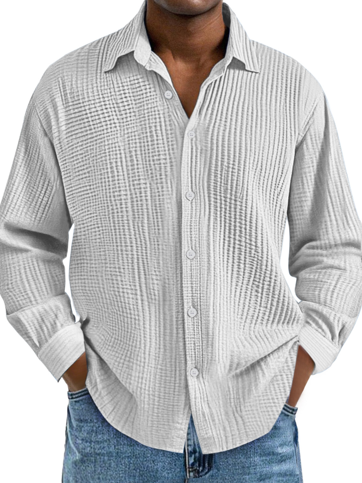 Men's Cotton Pleated Lapel Long Sleeve Casual Shirt