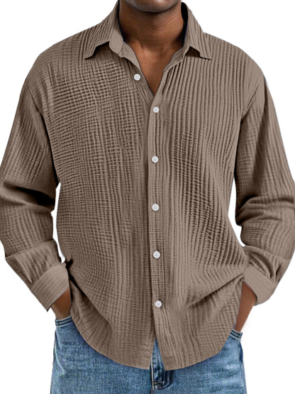 Men's Cotton Pleated Lapel Long Sleeve Casual Shirt