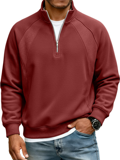Men's Simple Raglan Stitching Stand Collar Zipper Casual Loose Sweatshirt