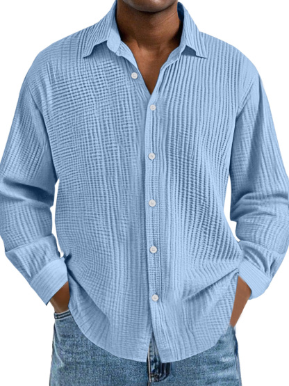Men's Cotton Pleated Lapel Long Sleeve Casual Shirt