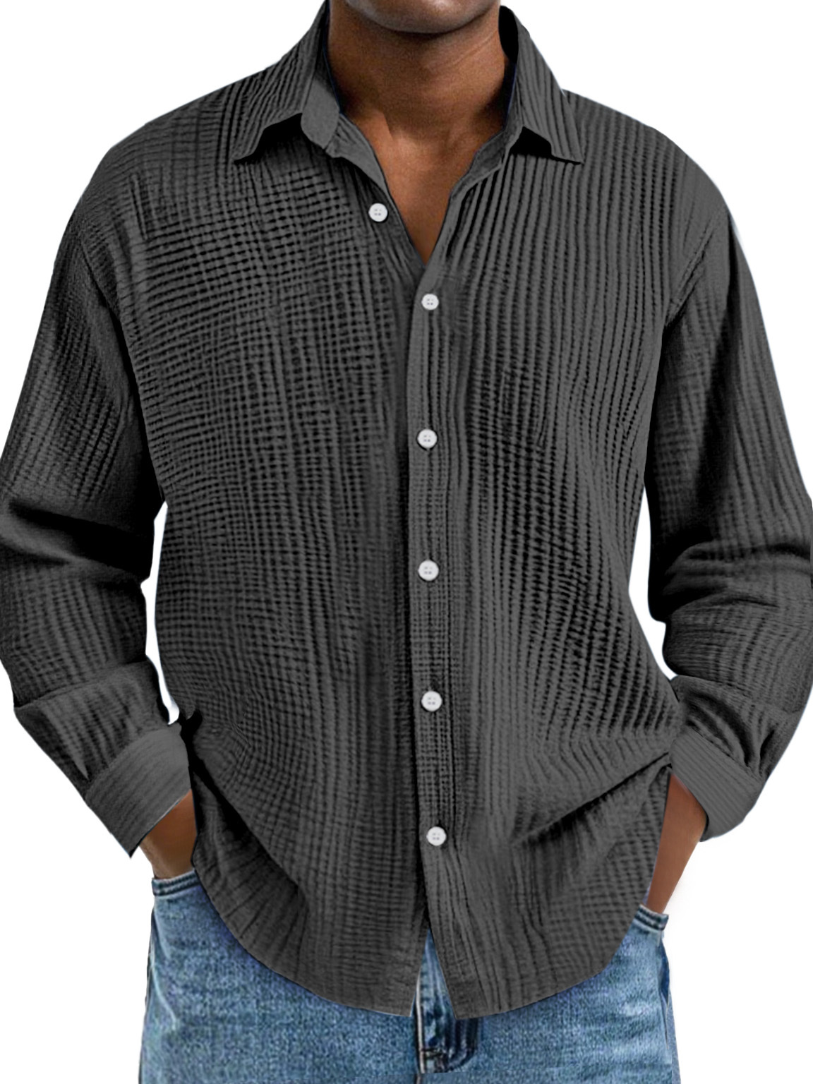 Men's Cotton Pleated Lapel Long Sleeve Casual Shirt
