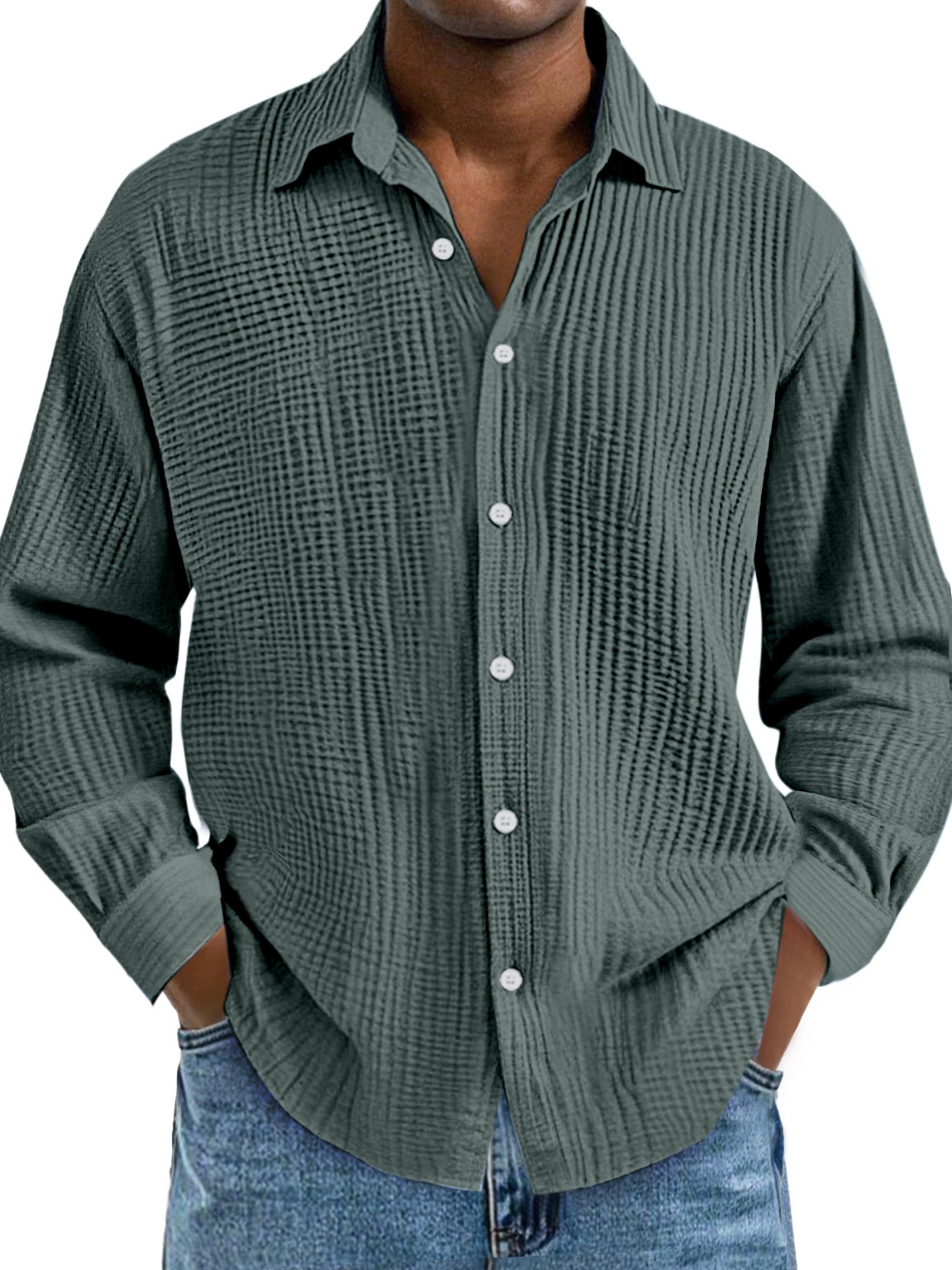 Men's Cotton Pleated Lapel Long Sleeve Casual Shirt
