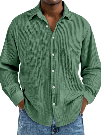 Men's Cotton Pleated Lapel Long Sleeve Casual Shirt
