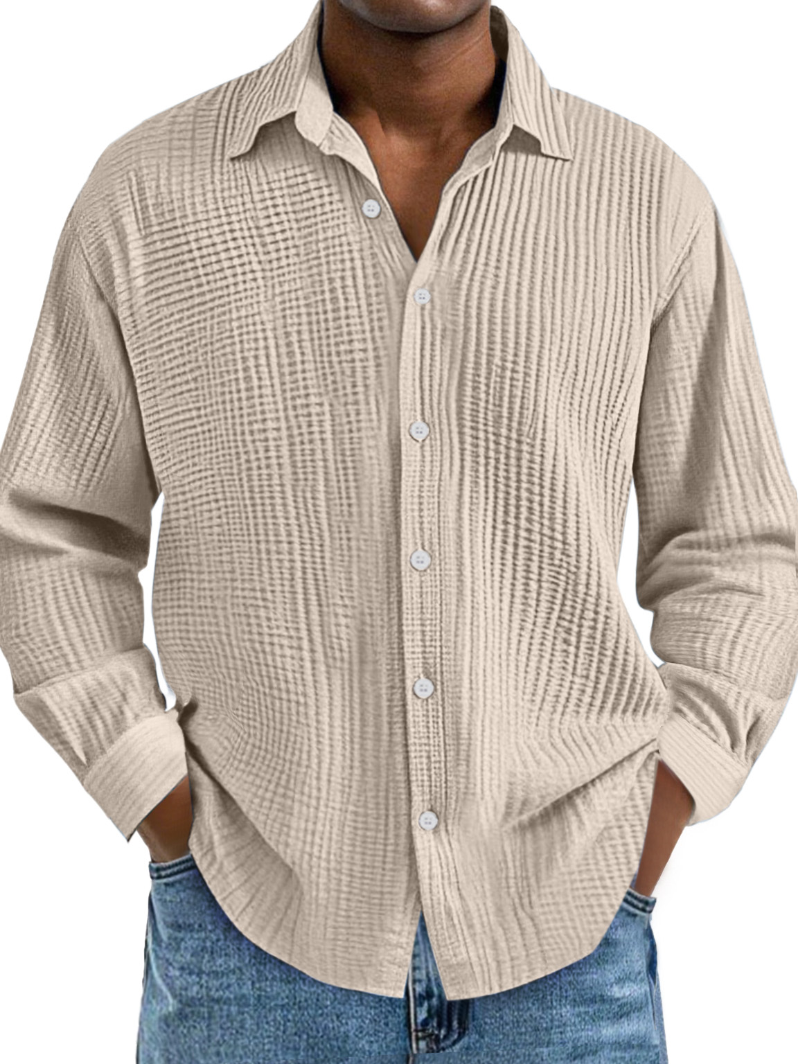 Men's Cotton Pleated Lapel Long Sleeve Casual Shirt