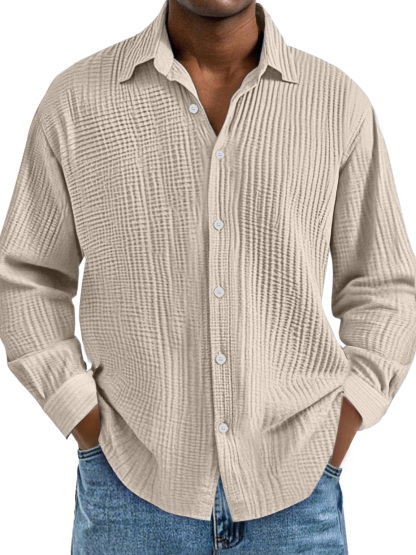 Men's Cotton Pleated Lapel Long Sleeve Casual Shirt