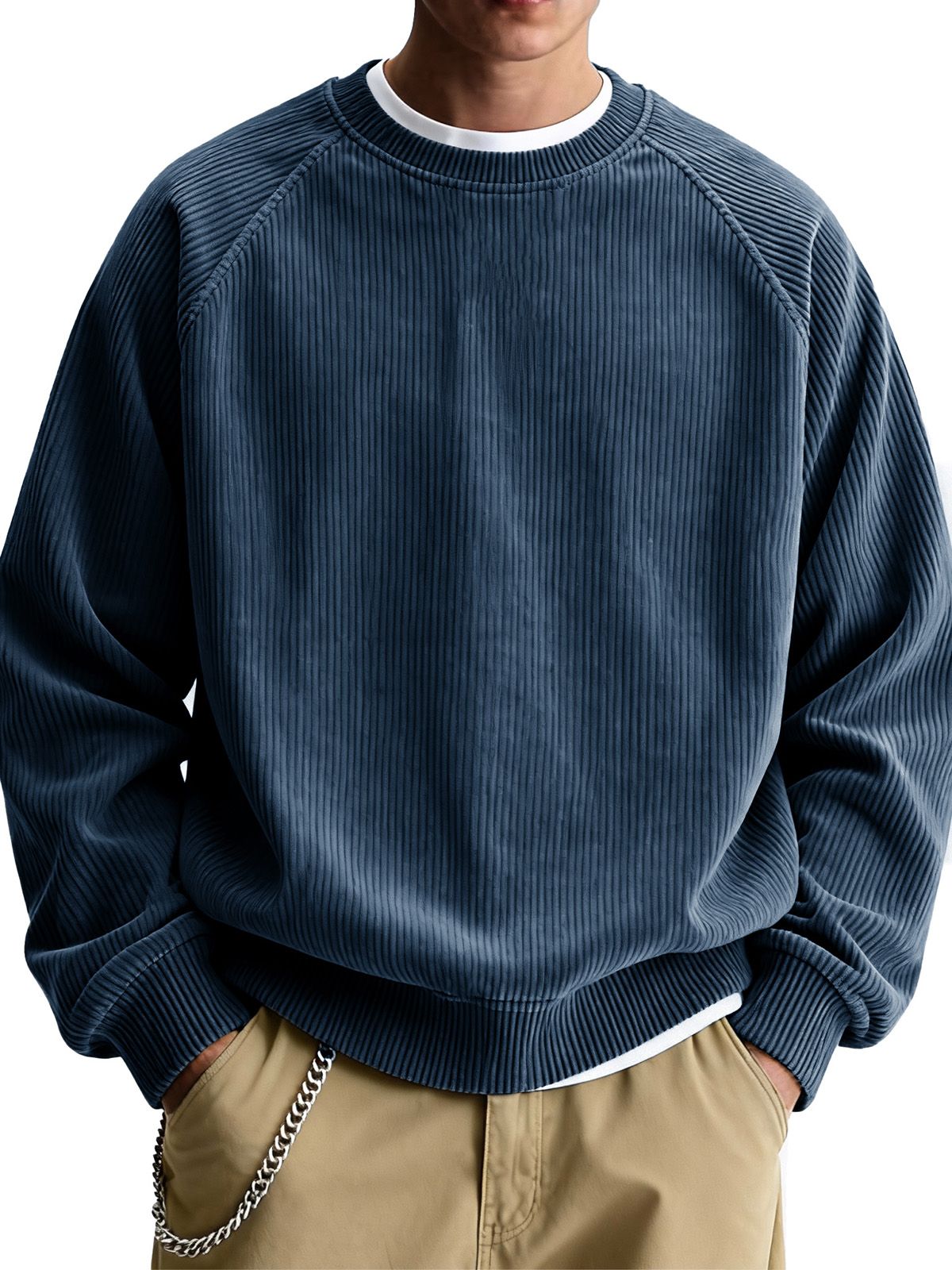 Men's Fashionable Casual Ribbed Fabric Raglan Neck Long-Sleeved Top