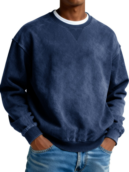 Men's Retro Distressed Crewneck Long-Sleeve Fleece Sweatshirt