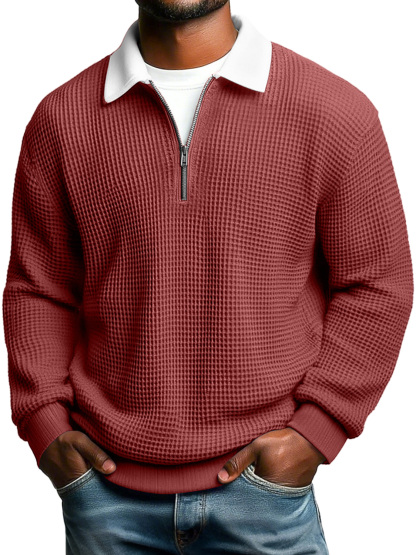 Men's Casual Loose-Fit Waffle-Knit Collared Zip-Up Long-Sleeve Polo Shirt