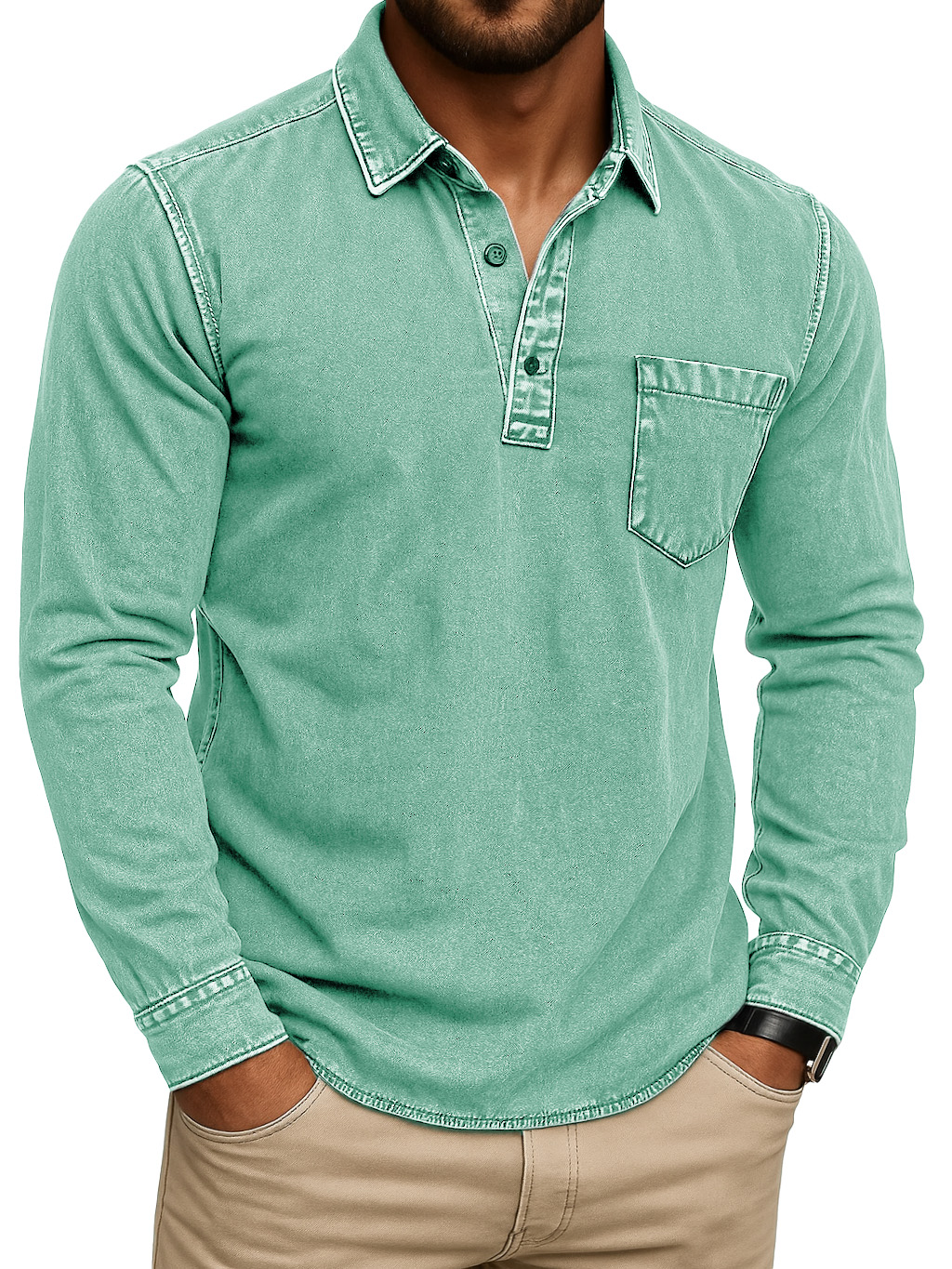 Men's Stylish Retro Outdoor Distressed Pocket Stand Collar Long-sleeved Polo Shirt
