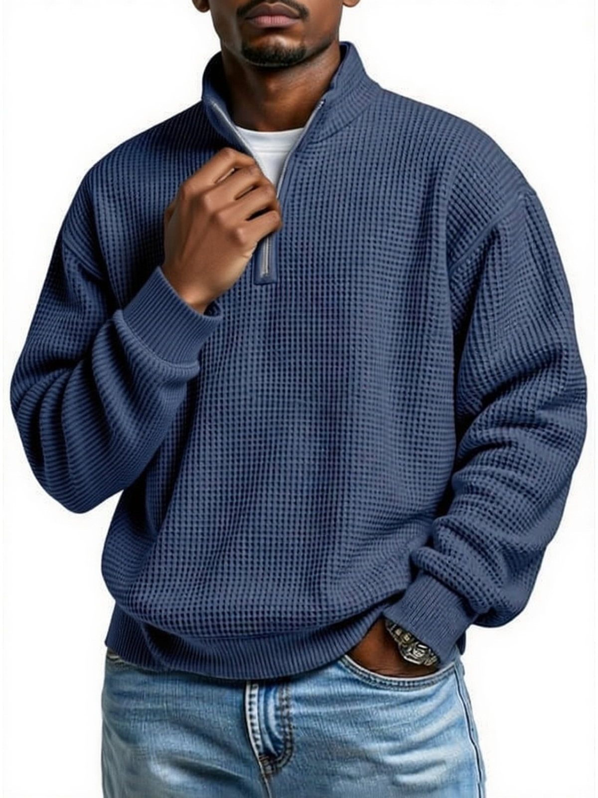Men's Casual Daily Waffle-Knit Half-Zip Stand-Collar Loose-Fit Long Sleeve Polo Shirt