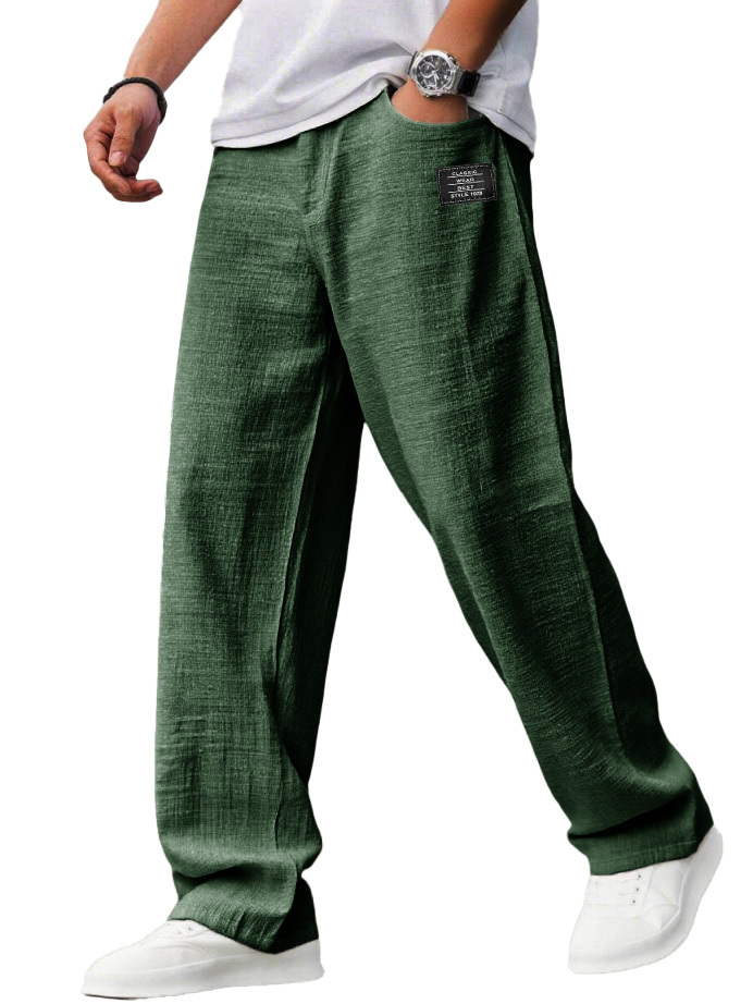 Men's Casual Hemp Trousers with Embroidered Logo, Drawstring Waist, and Pockets