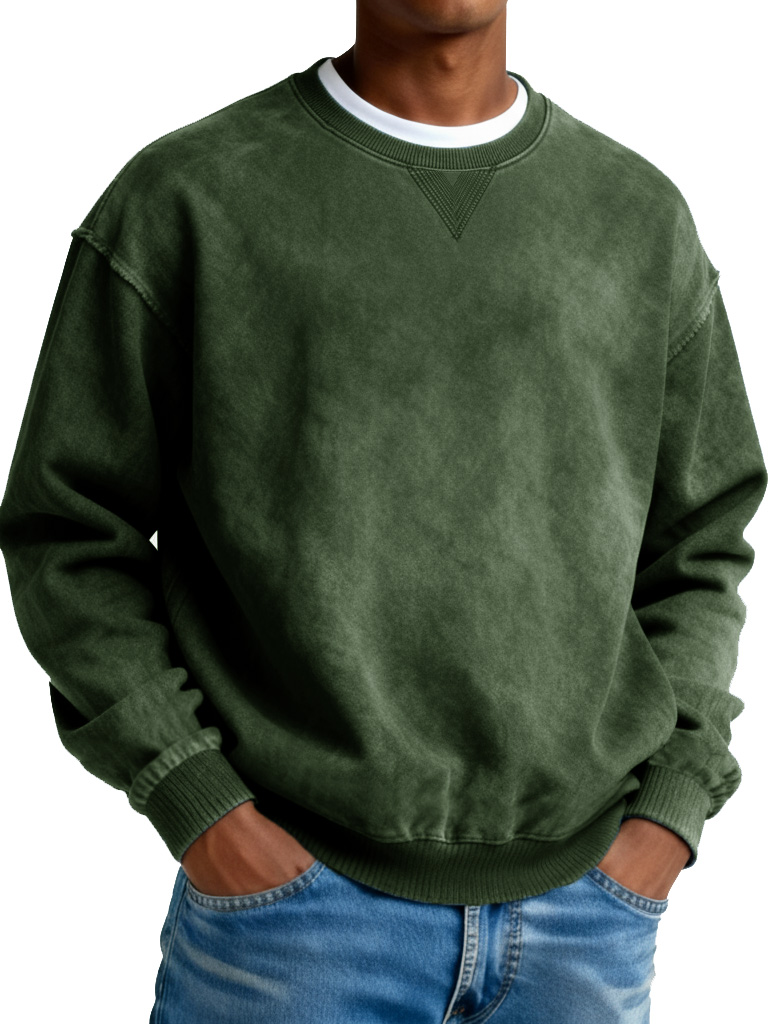 Men's Retro Distressed Crewneck Long-Sleeve Fleece Sweatshirt