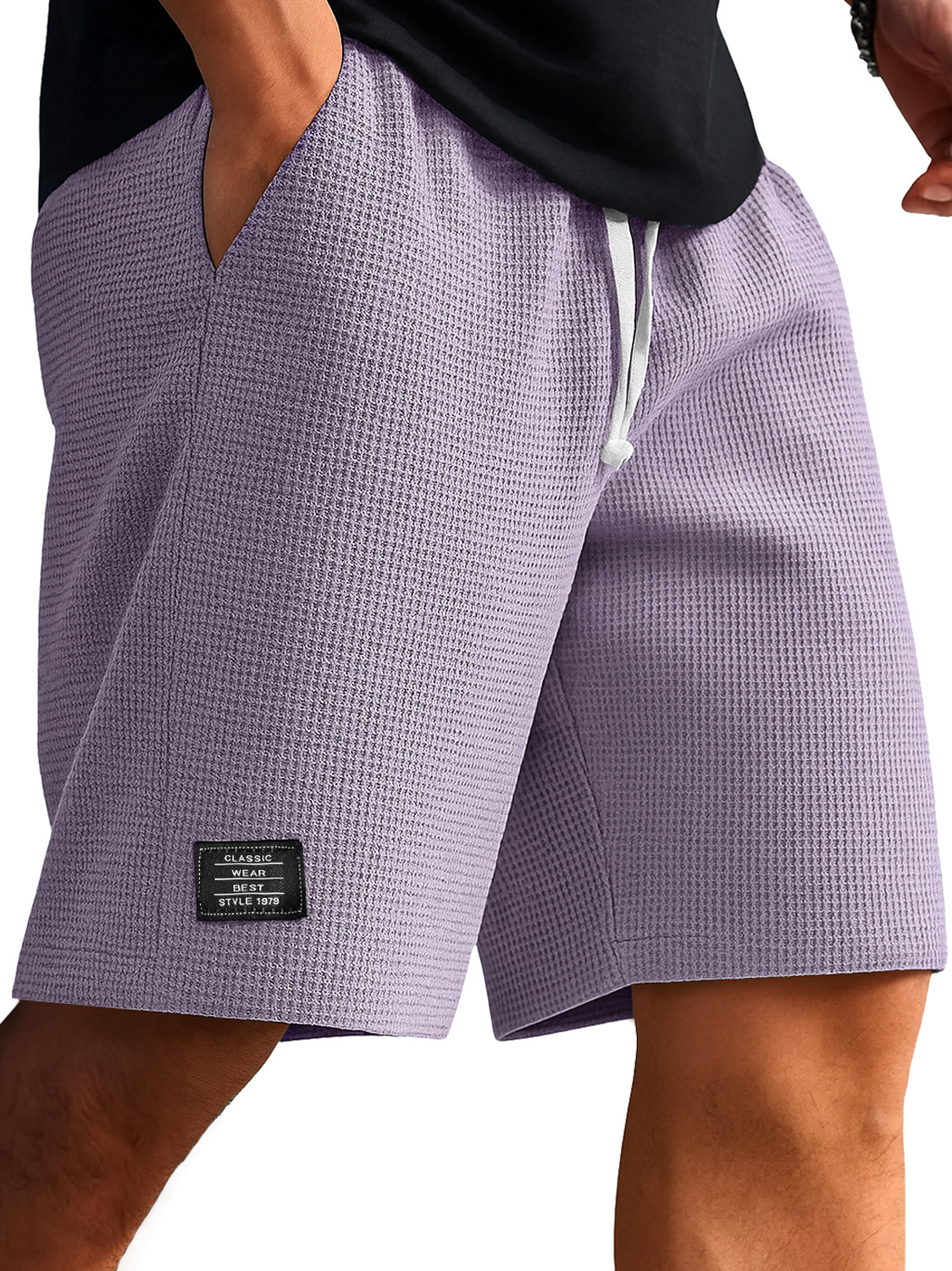 Men's Waffle Texture Embroidered Logo Casual Solid Color Shorts