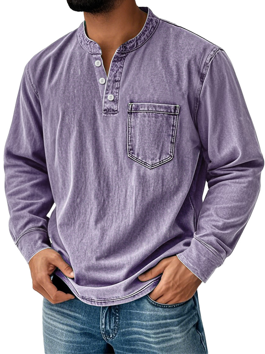 Men's Vintage Stand Collar Pocket Distressed Long Sleeve Henley Shirt
