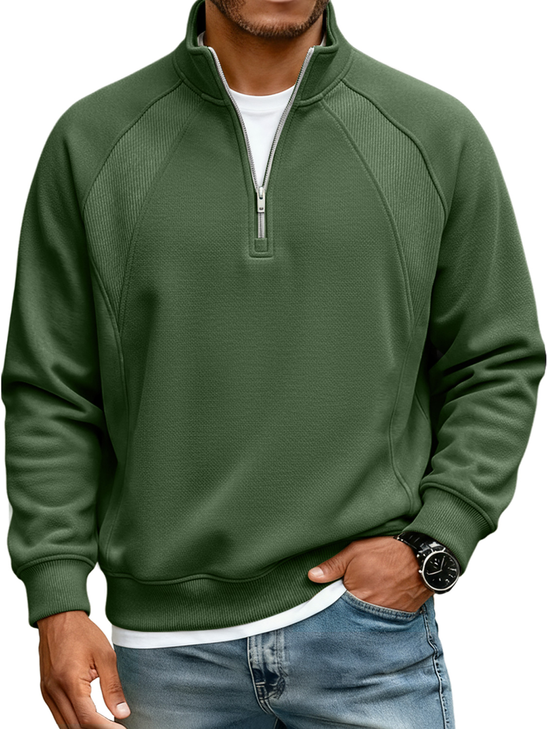 Men's Simple Raglan Stitching Stand Collar Zipper Casual Loose Sweatsh