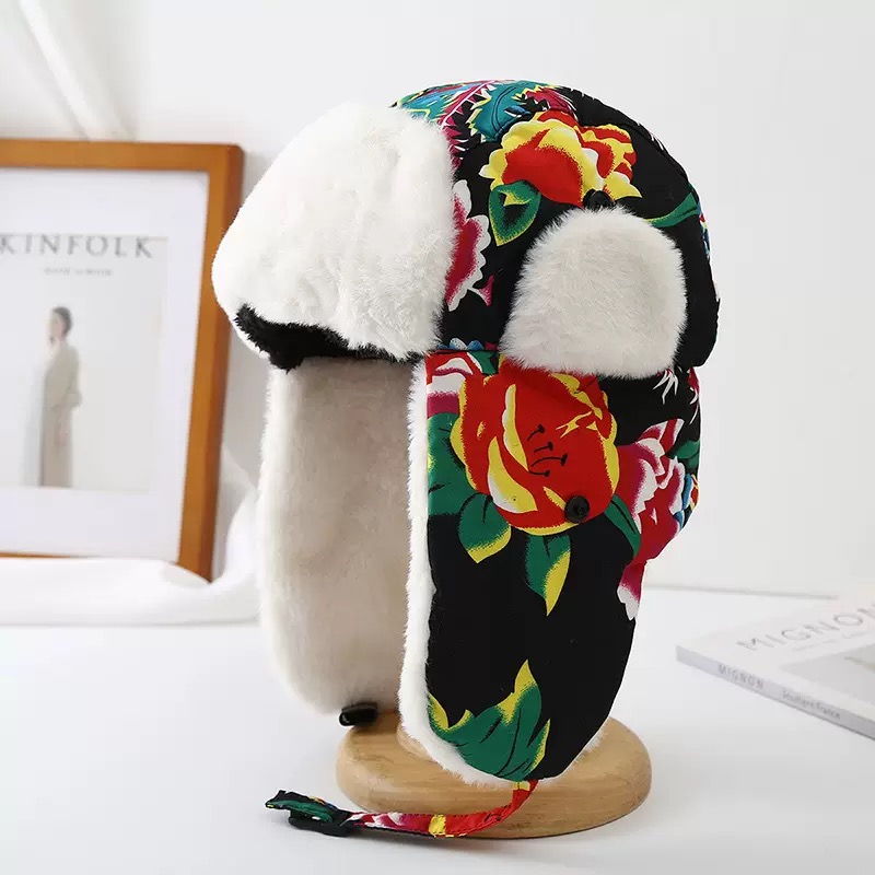 Ushanka Hats Exaggerated Floral Hat Chinese Style Trapper Hats with Ear Flaps Warm Winter Earflap Hat