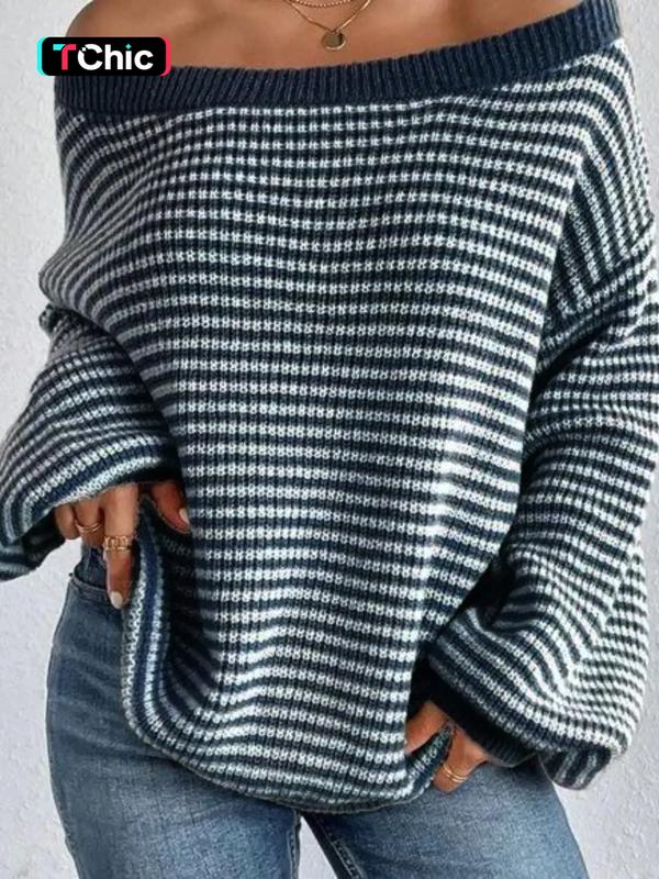 Women's Striped Pattern Drop Shoulder Long Sleeve Knitted Sweater, Cas