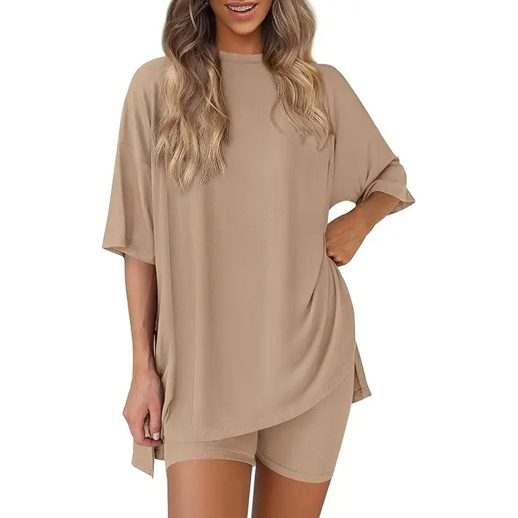 Women’s Summer Two-Piece Lounge Set – Oversized Crewneck Split Hem Top & Pocket Biker Shorts, Soft Viscose Casual Outfit