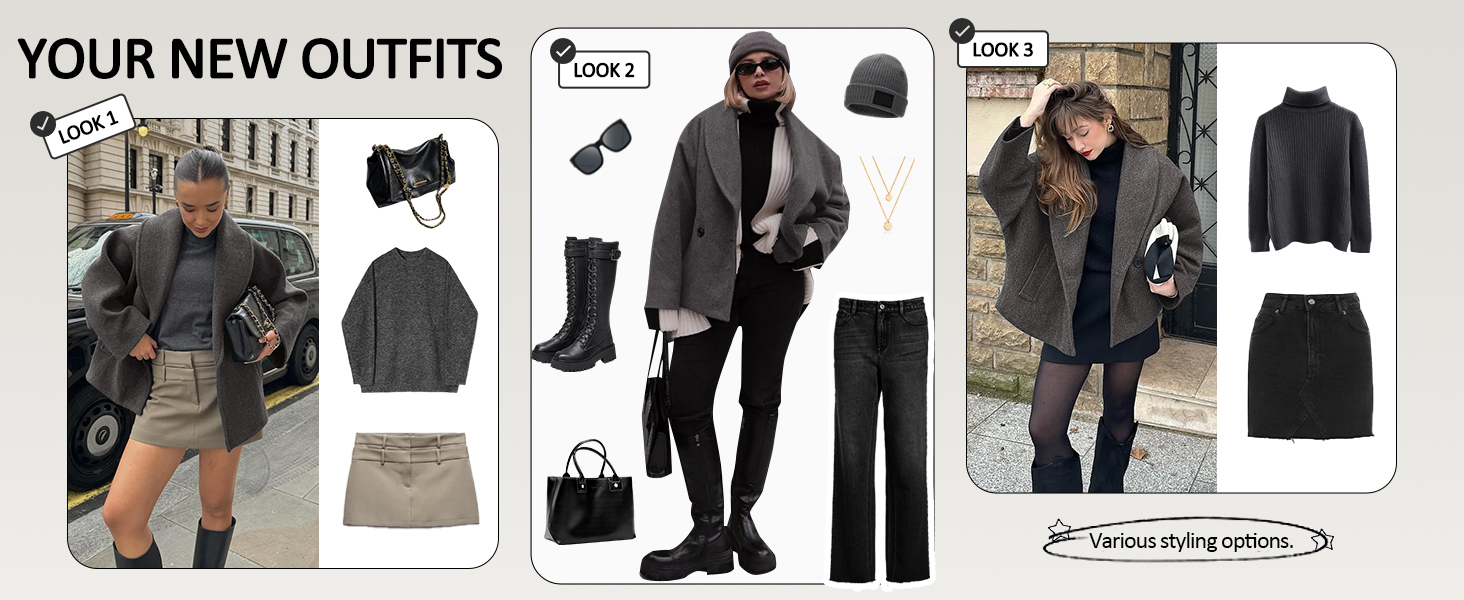 Womens Cropped Pea Coats Oversized Wool Blend Jackets Lapel Double Breasted Fall Outerwear Outfits