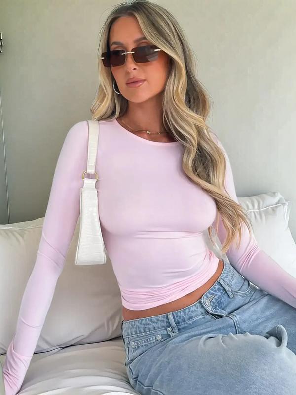 Women's New Trendy Round Neck Long Sleeve Crop Tee, Casual Elegance So