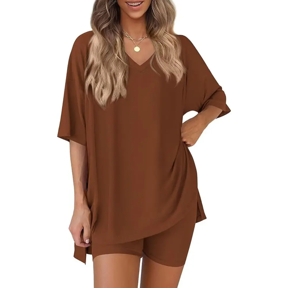 Women’s Summer Two-Piece Lounge Set – Oversized Crewneck Split Hem Top & Pocket Biker Shorts, Soft Viscose Casual Outfit