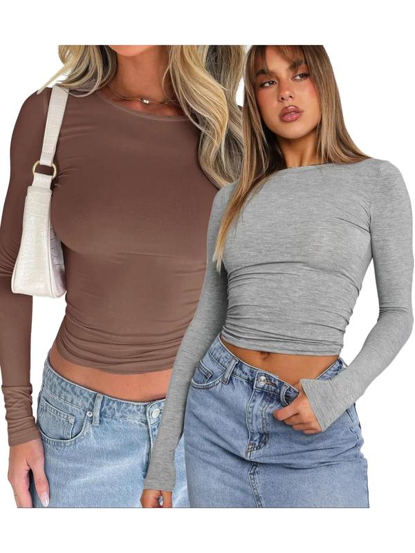 Women's New Trendy Round Neck Long Sleeve Crop Tee, Casual Elegance Soft Crew Neck T-shirt, Soft Tshirt, Women's Slim-fitting Top for Band Club Music Festival Dating Daily Wear