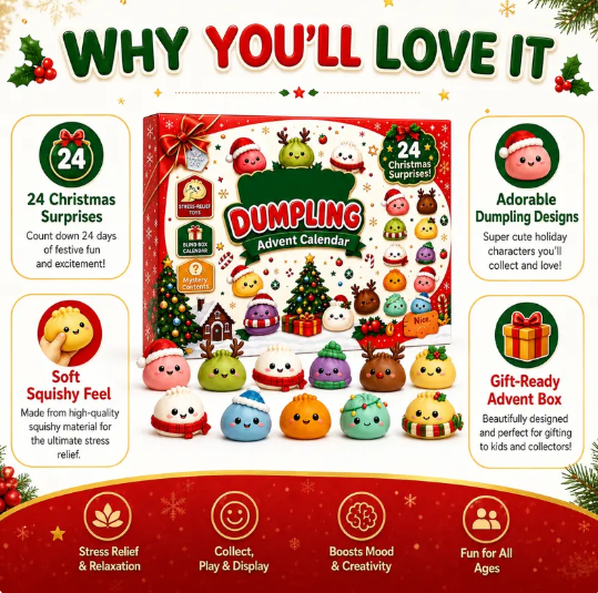 2026 Dumpling Squishy Advent Calendar - Indoor Recreation Stress Relief Toy, 24 Surprise Kawaii Mini Food Squishy Figures, Cute Christmas Countdown Holiday Gift