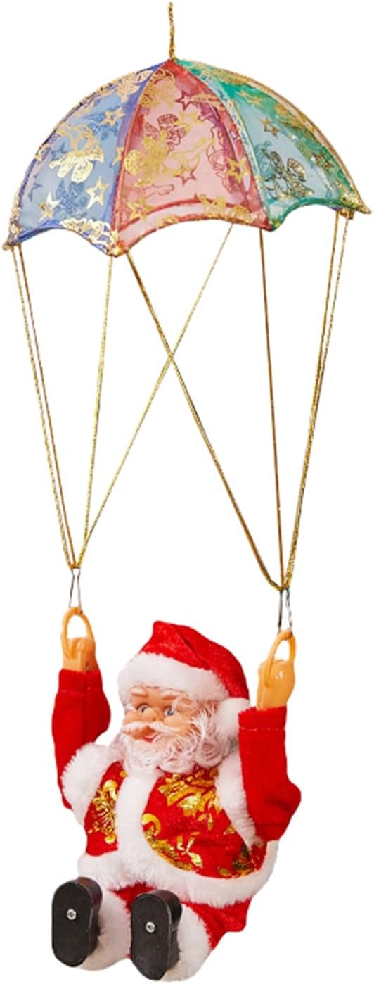 Funny Santa Claus Figurines Ornament, Electric Santa Twerk/Climbing Stairs/Climbing Rope/Climb Chimney Toy, Christmas Home Holiday Decorations (F-Santa Sitting Parachute, One Size)