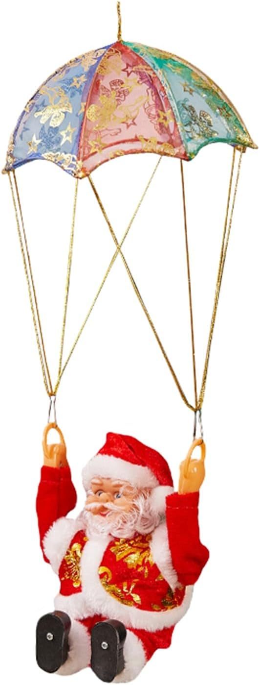 Funny Santa Claus Figurines Ornament, Electric Santa Twerk/Climbing Stairs/Climbing Rope/Climb Chimney Toy, Christmas Home Holiday Decorations (F-Santa Sitting Parachute, One Size)