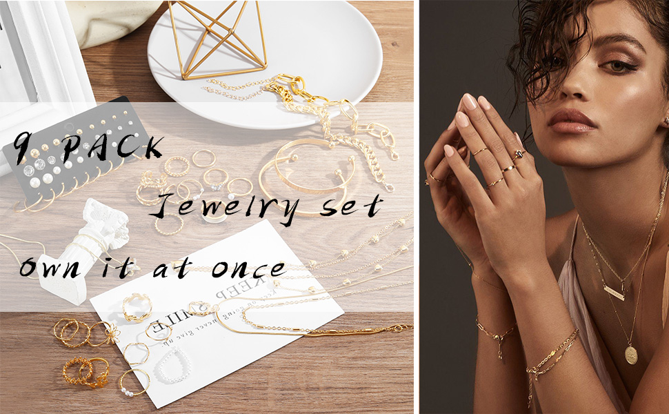 IFKM 9 PACK Gold Plated Jewelry Set 