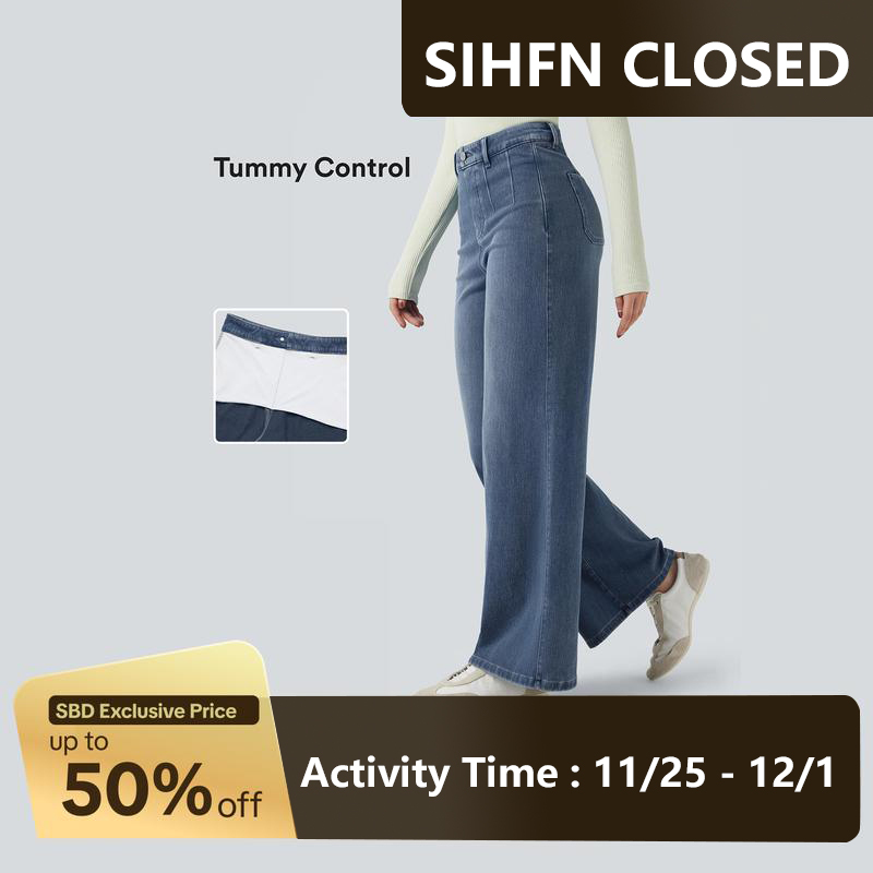 High Waisted Tummy Control Wide Leg Casual Jeans with Pockets