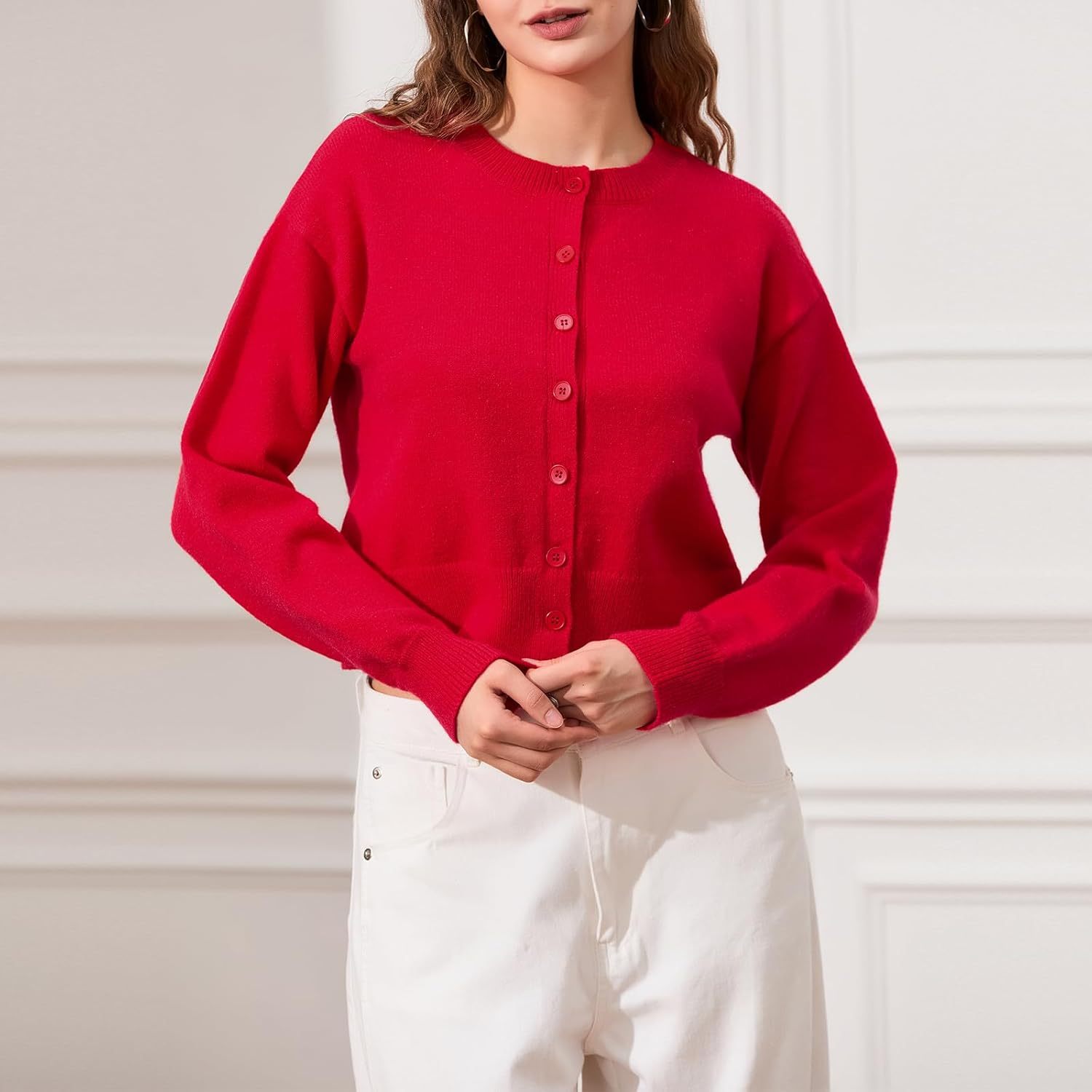 DELIMALI Women's Cropped Cardigan Knitwear Crew Neck Button Placket Long Sleeve Cardigan Sweater Lightweight Jacket Bolero Shrugs