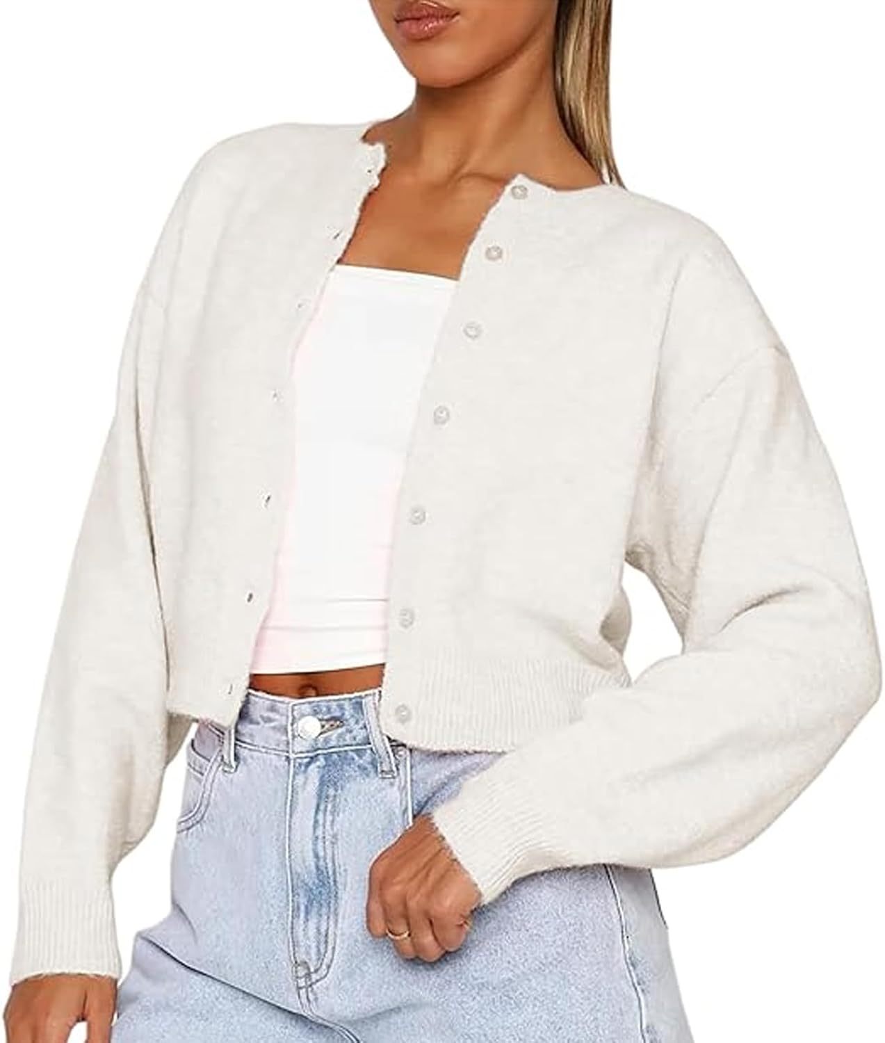 DELIMALI Women's Cropped Cardigan Knitwear Crew Neck Button Placket Long Sleeve Cardigan Sweater Lightweight Jacket Bolero Shrugs