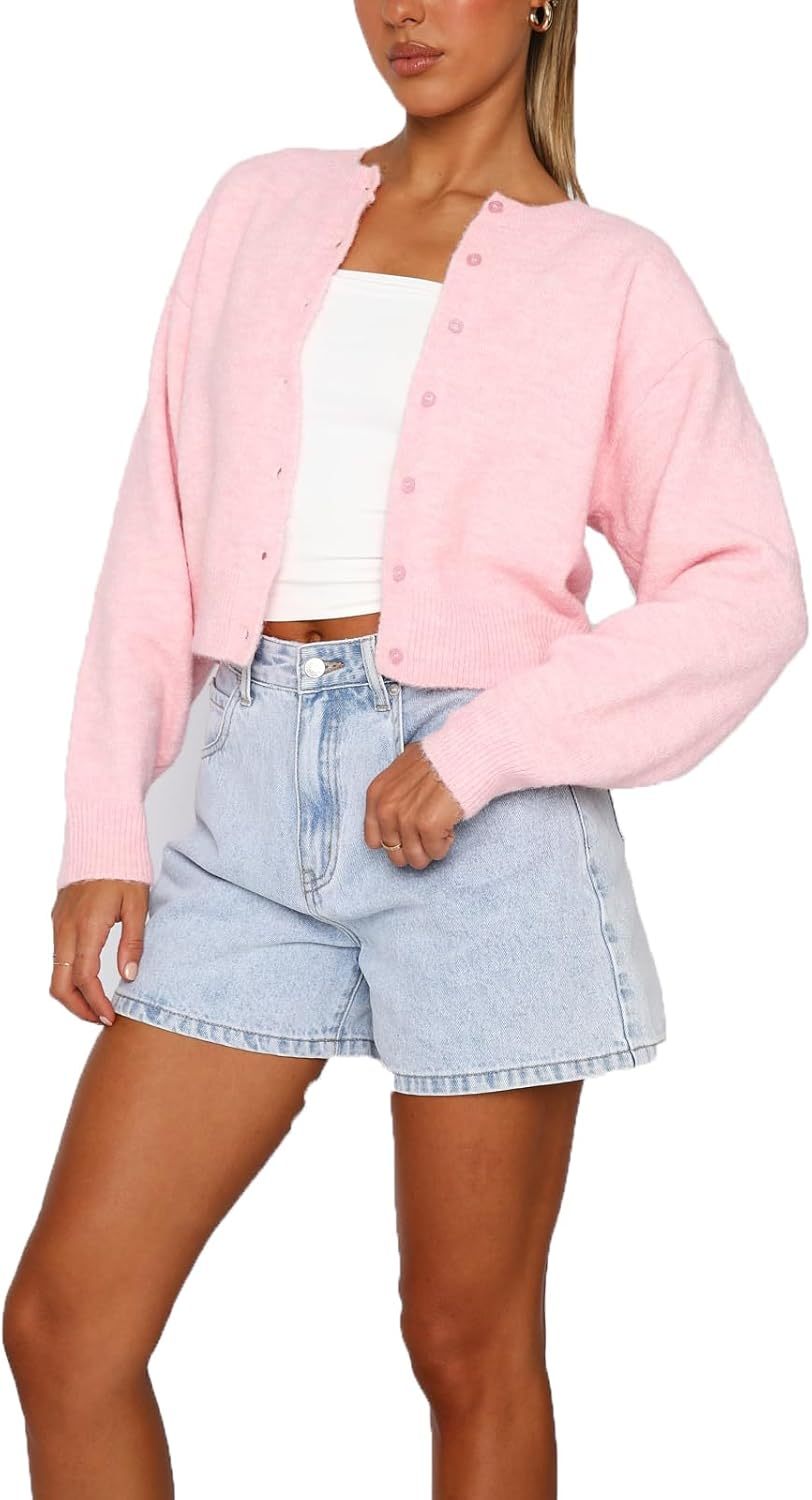 DELIMALI Women's Cropped Cardigan Knitwear Crew Neck Button Placket Long Sleeve Cardigan Sweater Lightweight Jacket Bolero Shrugs