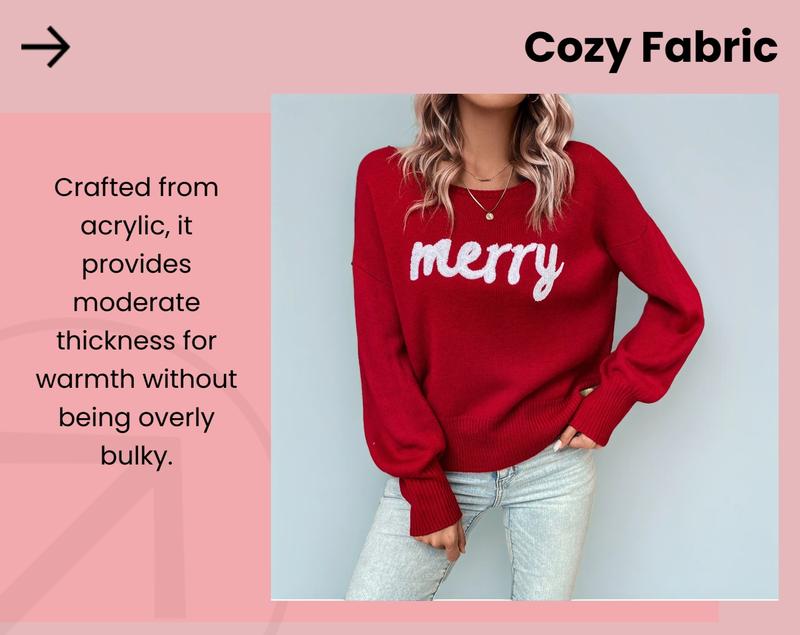 Women's Red Long Sleeve Pullover Sweater, Christmas Fall/winter Knitwear, Round Neck Casual Cute Pullover Sweater for Women, Suitable for Daily Outings, Parties, Ladies Christmas Autumn-winter Clothes, Fitted