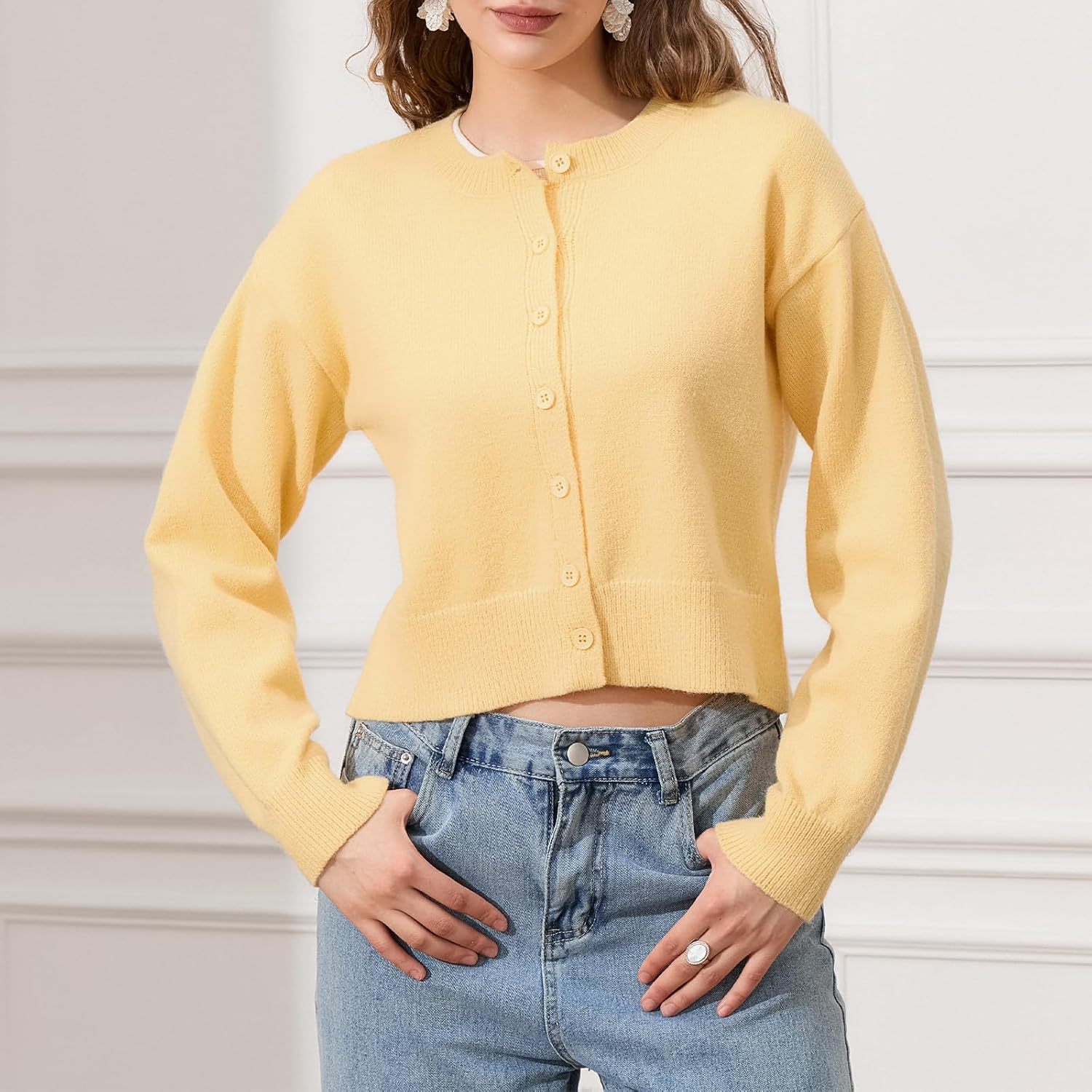 DELIMALI Women's Cropped Cardigan Knitwear Crew Neck Button Placket Long Sleeve Cardigan Sweater Lightweight Jacket Bolero Shrugs