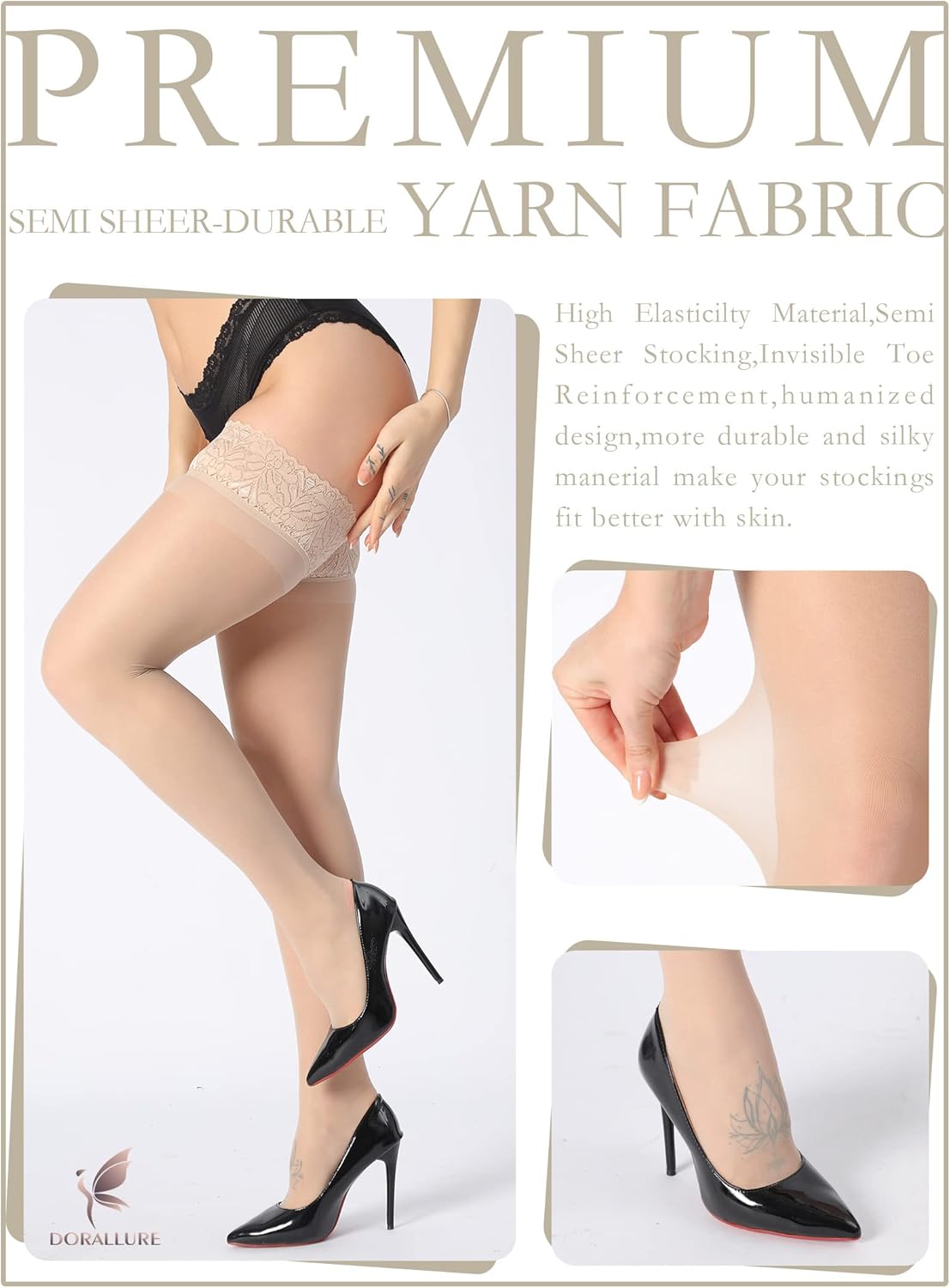 Thigh Stockings for Women Stay Up Silk Tights Lace Top Sheer Tights