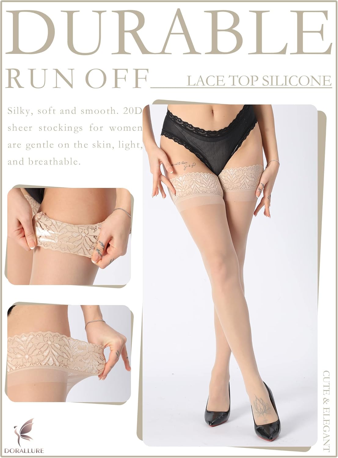 Thigh Stockings for Women Stay Up Silk Tights Lace Top Sheer Tights