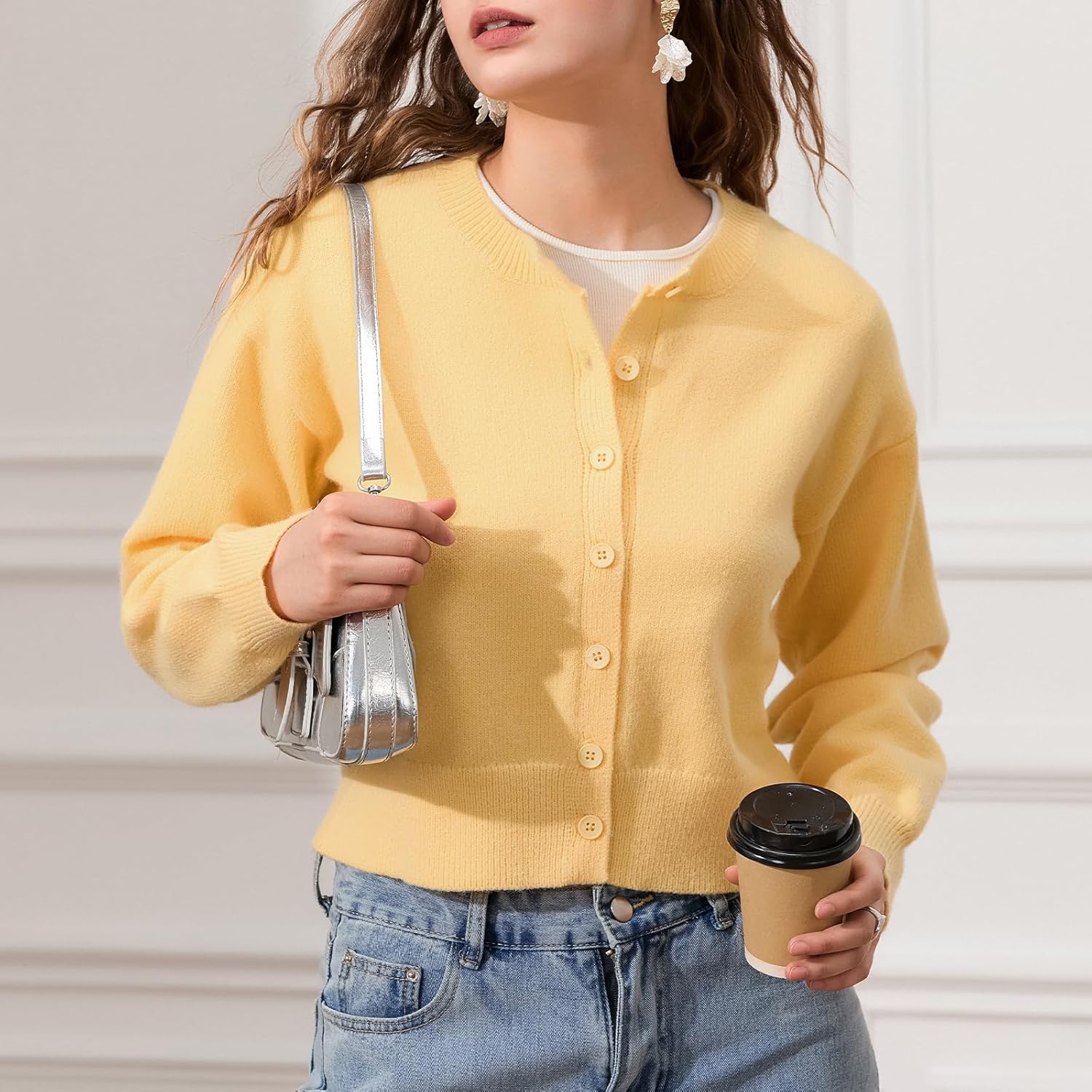 DELIMALI Women's Cropped Cardigan Knitwear Crew Neck Button Placket Long Sleeve Cardigan Sweater Lightweight Jacket Bolero Shrugs