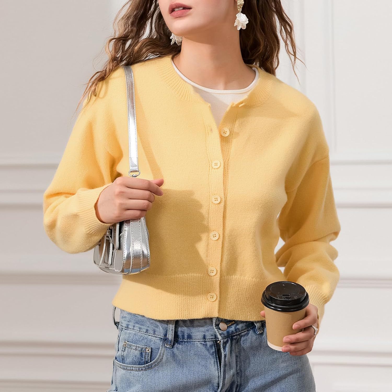 DELIMALI Women's Cropped Cardigan Knitwear Crew Neck Button Placket Lo