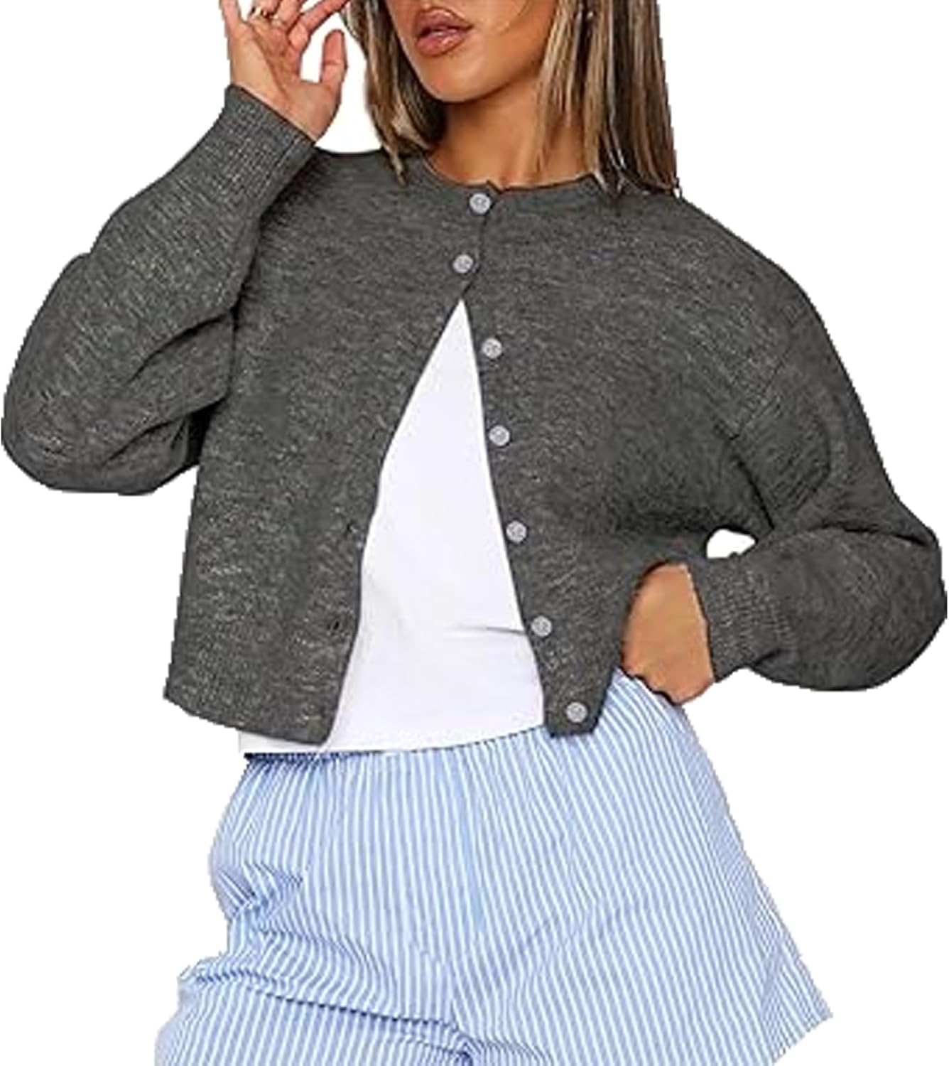 DELIMALI Women's Cropped Cardigan Knitwear Crew Neck Button Placket Long Sleeve Cardigan Sweater Lightweight Jacket Bolero Shrugs