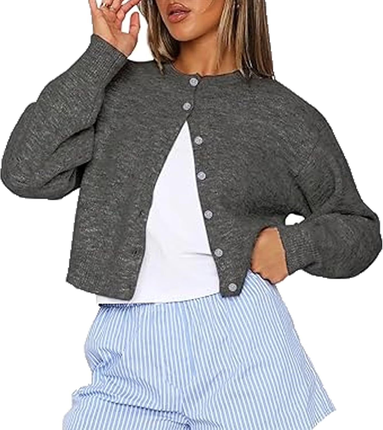 DELIMALI Women's Cropped Cardigan Knitwear Crew Neck Button Placket Long Sleeve Cardigan Sweater Lightweight Jacket Bolero Shrugs